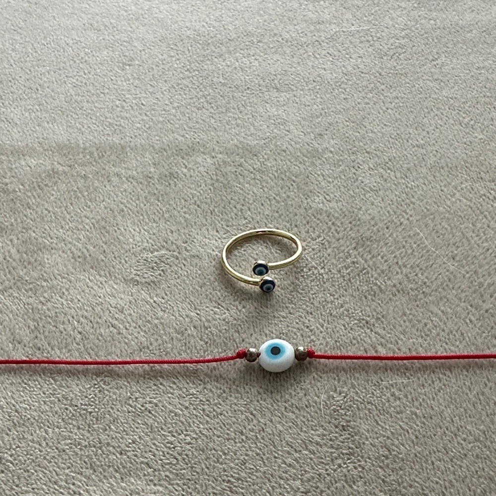 Gold Evil Eye Ring and Red String Bracelet Set